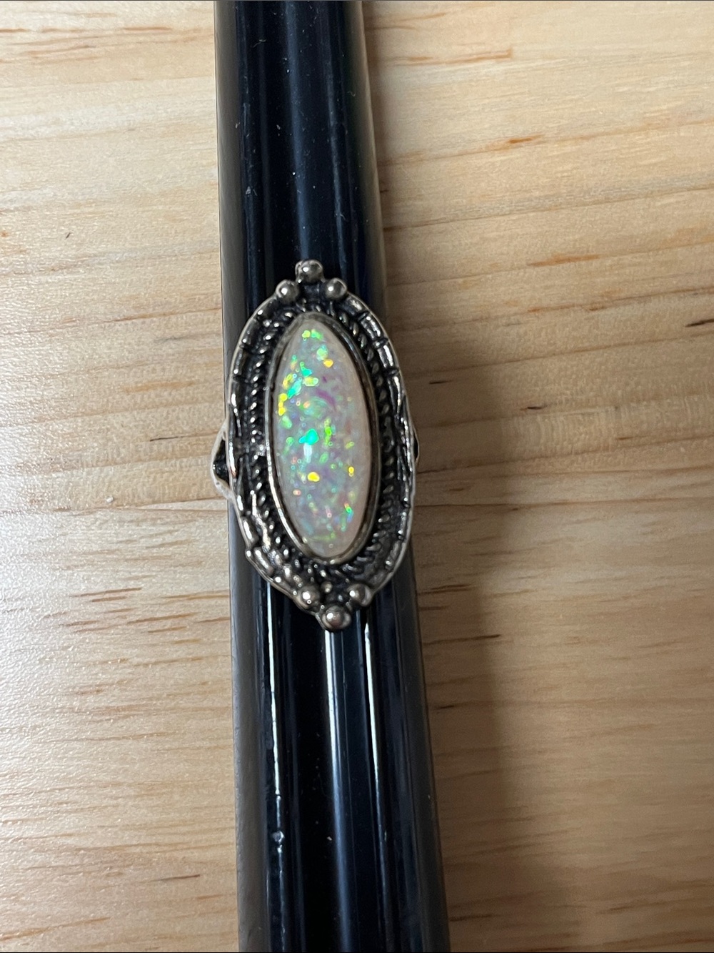 A Opalescent Marquise Statement Ring in Faux White Opal Silver Toned Ring